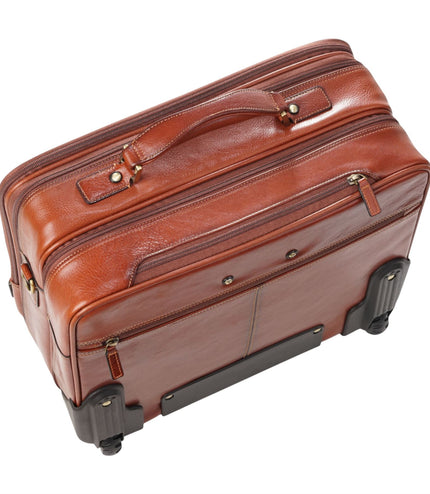 Genuine Leather Tan Wheel Laptop Briefcase Travel Cabin Pilot Bag - Nomad
