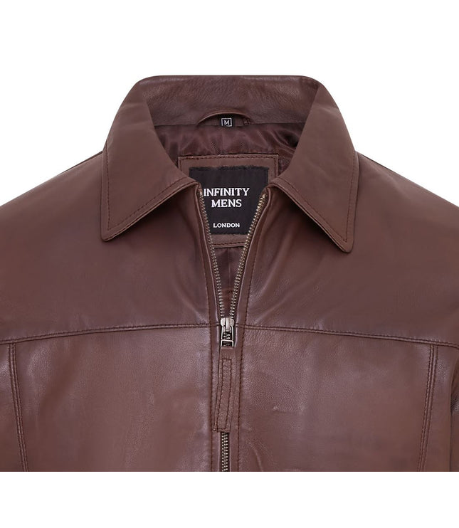Mens Retro 100% Nappa Leather Harington Biker Jacket - Brown