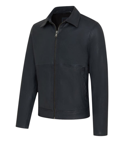 Mens Leather Blue Harrington Collar Biker Jacket - Alpha