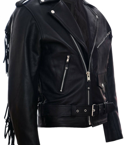 Mens Fringe Hide Leather Biker Jacket- Tokyo - Black