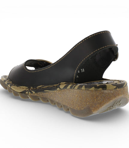 Fly London Women's TRAM723FLY Black Leather Wedge Sandals