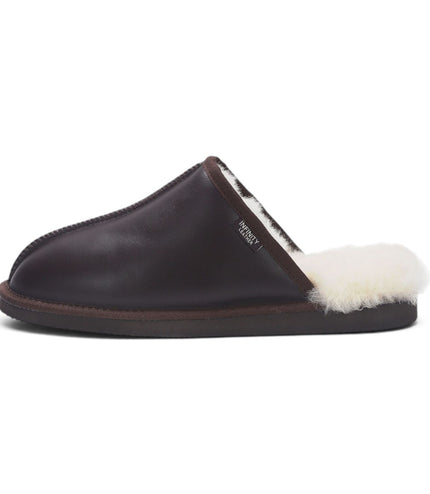 Men's Brown Genuine Lamb Leather Slippers Real Fur Mule Winter Slippers - Highland