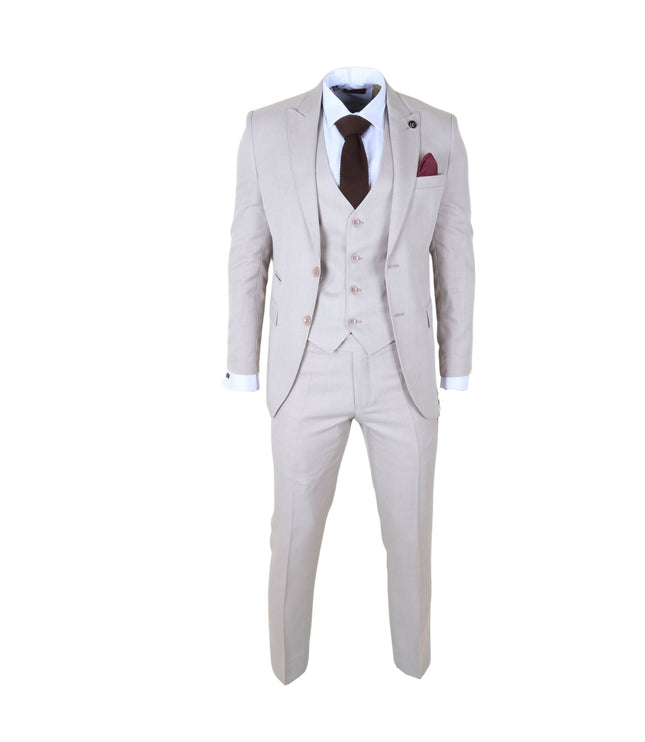 Men's Cream 3-Piece Tailored Fit Formal Wedding Peak Lapel Suit