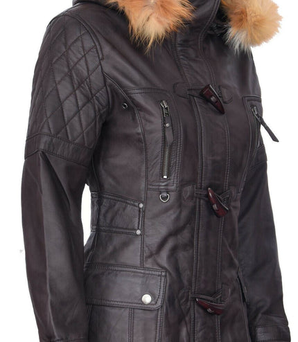 Womens Quilted Leather Parka Jacket-Brussels - Brown
