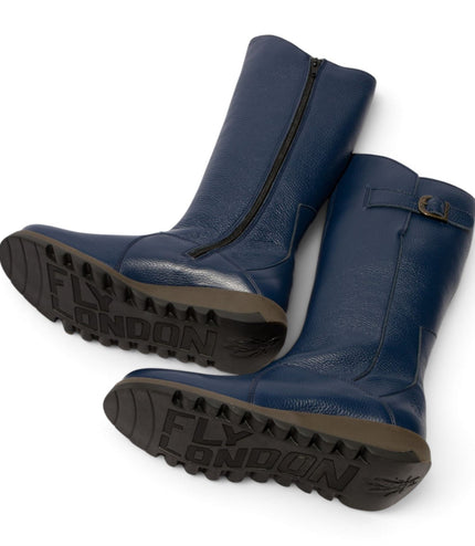 Fly London Womens Navy Leather Wedge Heel Knee High Long Boots - MOL2