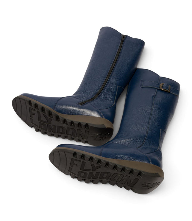Fly London Womens Navy Leather Wedge Heel Knee High Long Boots - MOL2