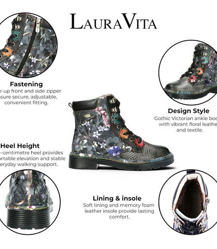 Laura Vita Women's Gothic Victorian Floral Black Leather Lace-Up Boots - Incaso-39