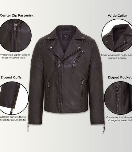 Mens Slim Fit Brando Style Double Cross Zip 100% Leather Biker Jacket - Black