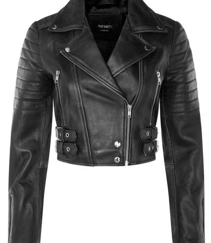 Womens Cropped Brando Leather Biker Jacket-Damascus - Black