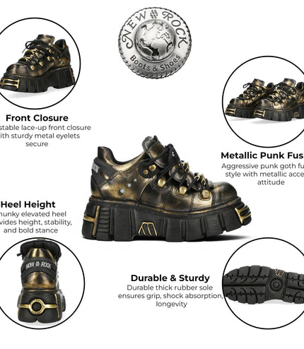 New Rock Golden Black Leather Gothic Platform Ankle Boots - M-120N-C21