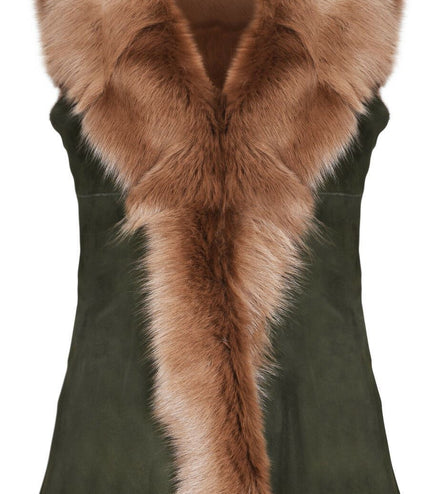 Women's Toscana Sheepskin Long Gilet-Sorocaba - Olive Green