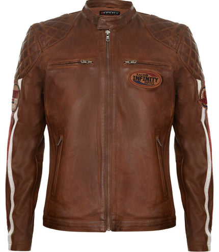 Men's Classic Striped Racing Leather Jacket- Barcelona - Tan