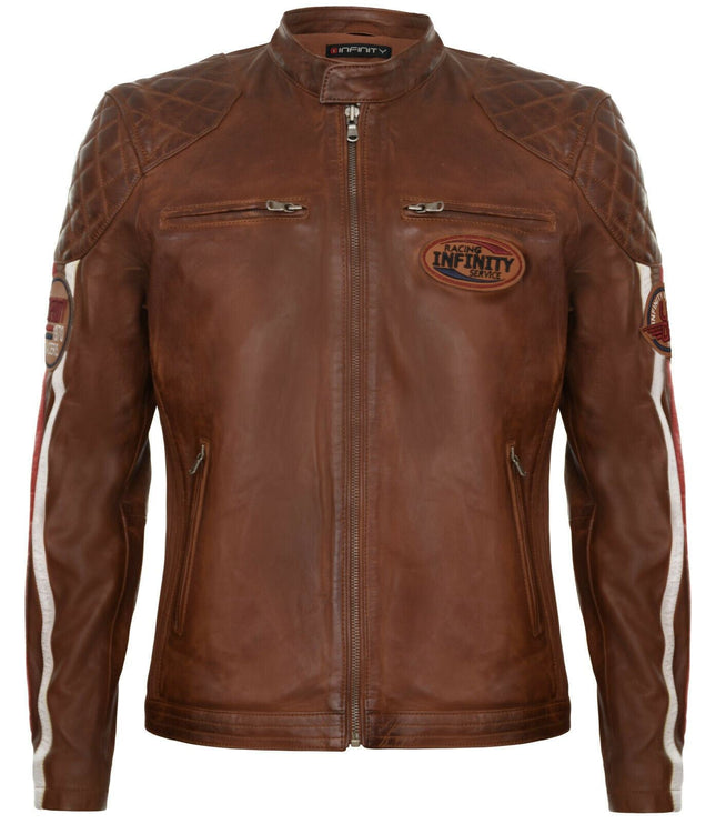 Men's Classic Striped Racing Leather Jacket- Barcelona - Tan