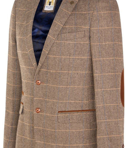 Marc Darcy Mens Tweed Blazer DX7 Tan Brown Check Herringbone Smart Formal Jacket