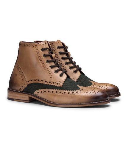 Mens Classic Oxford Tan Leather Gatsby Brogue Ankle Boots With Green Tweed