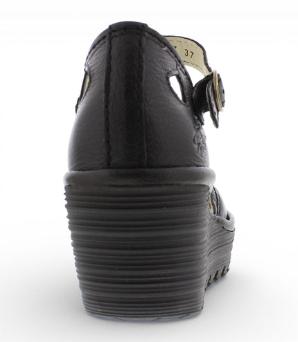 Fly London Women's Yuna Black Leather Wedge Sandals