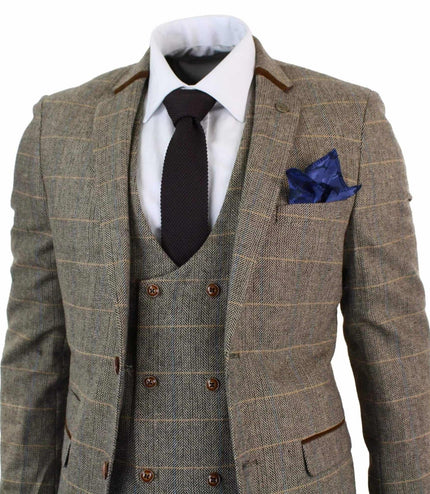 Mens 3 Piece Tan Herringbone Tweed Check Suit