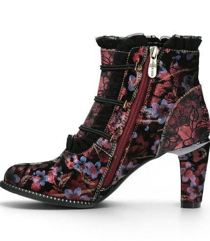 Laura Vita Floral Womens Victorian Red Leather Heel Ankle Boots - Alcbaneo-130