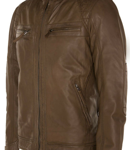 Men's Vintage Leather Quilted Biker Jacket-Monaco - Vintage Brown