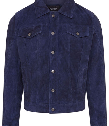 Mens Goat Suede Jeans Jacket Trucker Casual Denim Leather Shirt - Navy