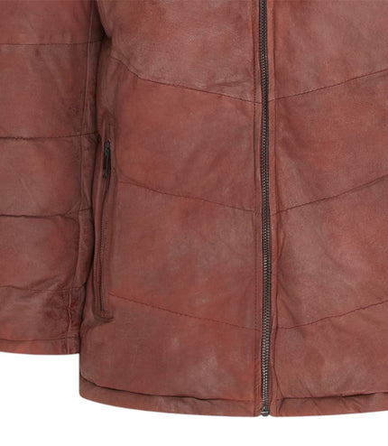 Men's Tan Brown Leather Quilted Jacket Hooded Puffer Winter Coat - Olyic