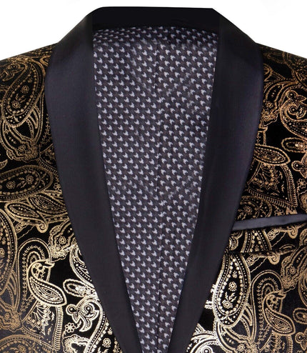 Mens Classic Gold Paisley Black Velvet Tuxedo Dinner Jacket Tailored Fit Blazer