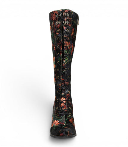 Laura Vita Women's Black Victorian Floral Leather Knee-High Heeled Boots - Oanelo-02
