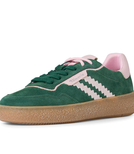 Tamaris Womens Green Pink Leather Fashion Stripe Lace Up Sneakers