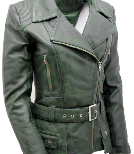 Womens Long Leather Biker Jacket-Quito - Grey