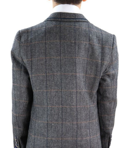 Boys 3 Piece Charcoal Grey Herringbone Tweed Check Classic  Suit