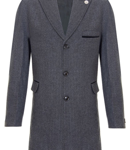 Mens 3/4 Long Grey Overcoat Jacket Herringbone Tweed Coat Peaky Blinder