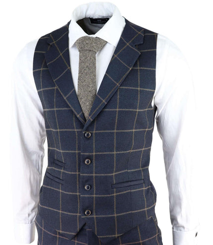 Mens Navy Blue Check 3 Piece Tweed Suit Peaky Blinders 1920s Gatsby Tailored Fit