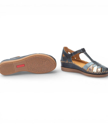 Pikolinos Women's Ocean Blue Leather Semi-Open Wedge Sandal Shoes - Cadaques