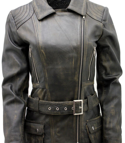 Womens Long Leather Biker Jacket-Quito - Vintage Black