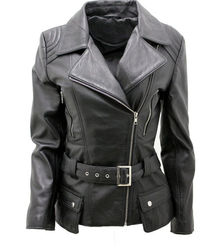 Womens Long Leather Biker Jacket-Quito - Black