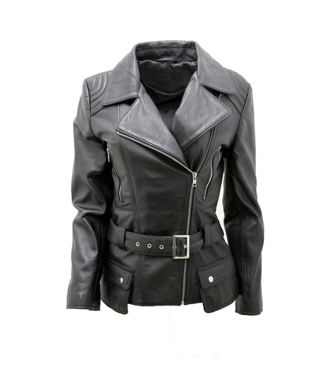 Womens Long Leather Biker Jacket-Quito - Black