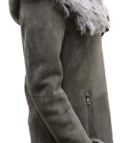Womens Grey Suede Hooded Merino Sheepskin Coat-Monrovia