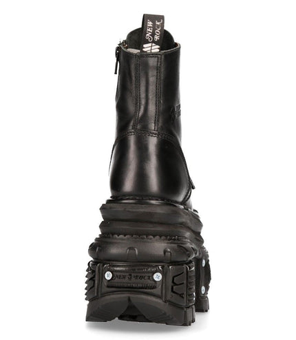 New Rock Metallic Black Leather Military Boots - M-MILI083CCT