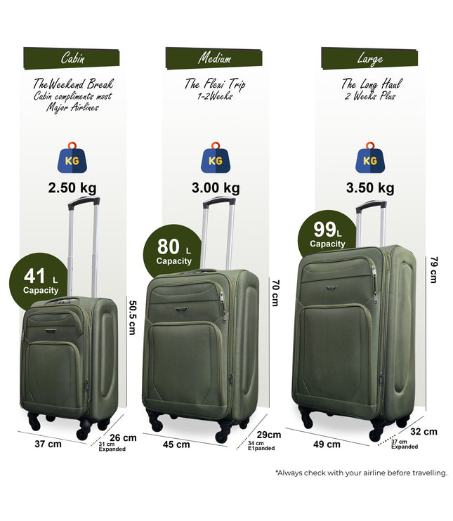 Nagoya Set of 3 Soft Shell Suitcase in Khaki