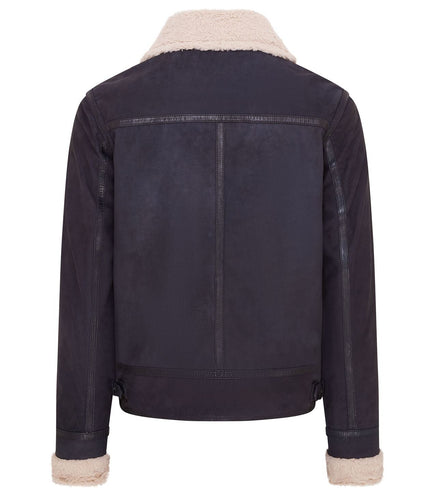 Mens Real Sheep Suede Bomber Jacket Aviator Jacket with Fur Lining - Blue