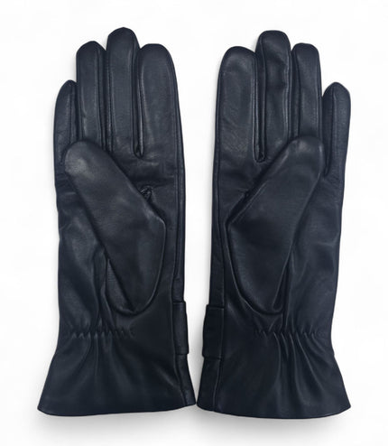 Womens Black Italian Leather Winter Bow Design Soft Wool Lining Gloves - L-GLV-401