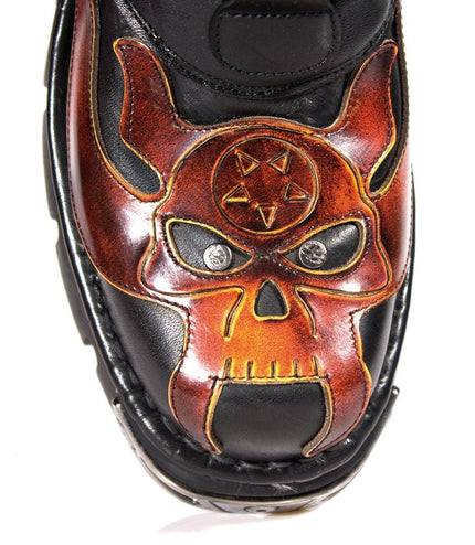 New Rock Flame Accented Black/Red Leather Biker Skull Boots - 107-S1