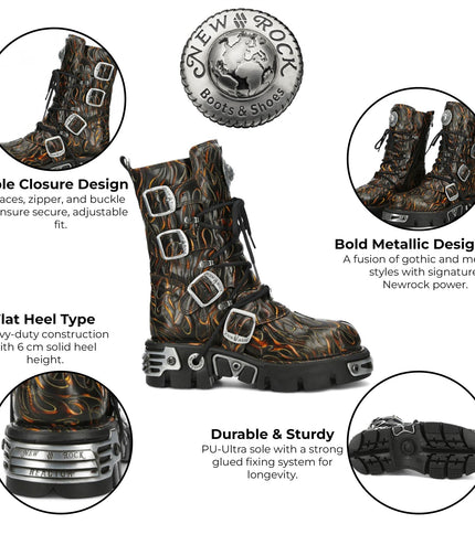 New Rock M-591-C62 Mid-Calf High Black Flame Leather Metallic Gothic Boots