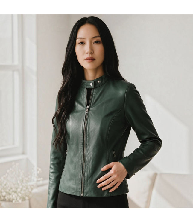 Womens Green Leather Stand Collar Racer Biker Jacket - 181