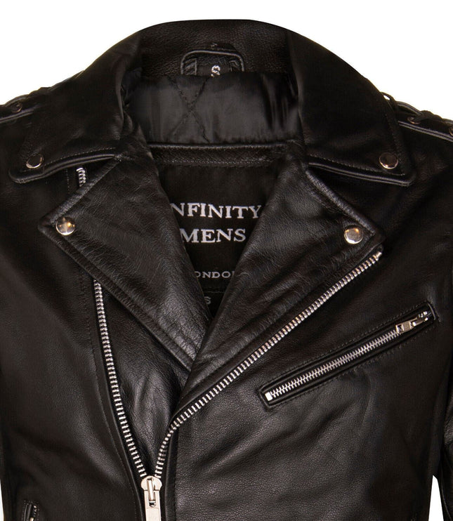 Mens Embossed Brando Leather Biker Jacket-Chicago - Black