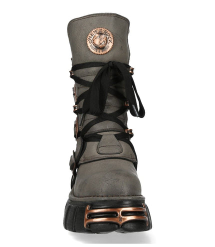 New Rock Grey Brown Leather Gothic Mid-Calf Biker Boots - M-373XL-C119