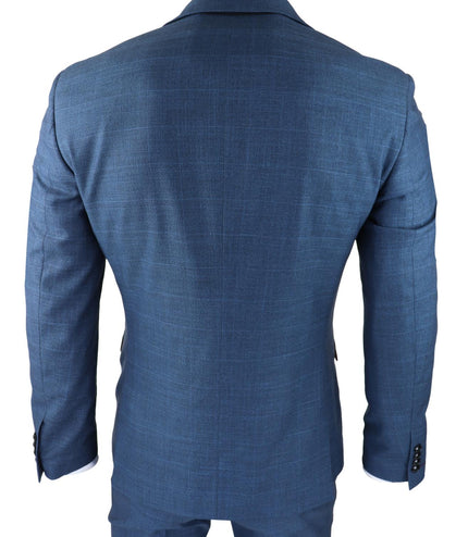 Mens 3 Piece Blue Suit Prince Of Wales Check Classic Light Tailored Fit Modern