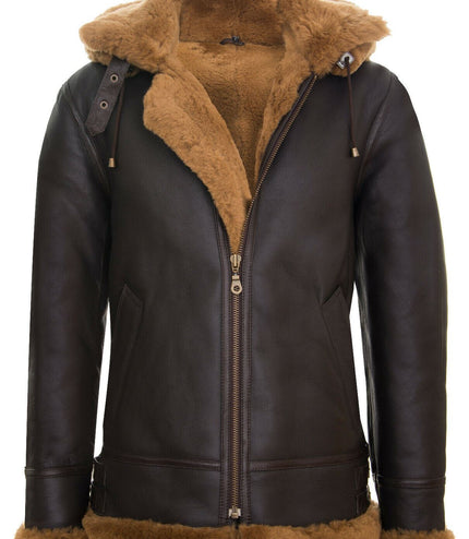 Mens Hooded Sheepskin Leather B3 Flying Jacket-Columbus - Brown Ginger