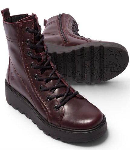 Fly London Womens Wine Leather Lace-Up Wedge Heel Combat Boots - TERY554