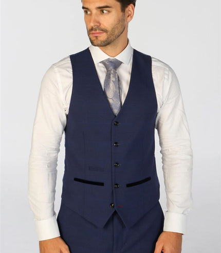 Men's Navy Checked 3 Piece Suit Tailored Fit Suit Formal Wedding